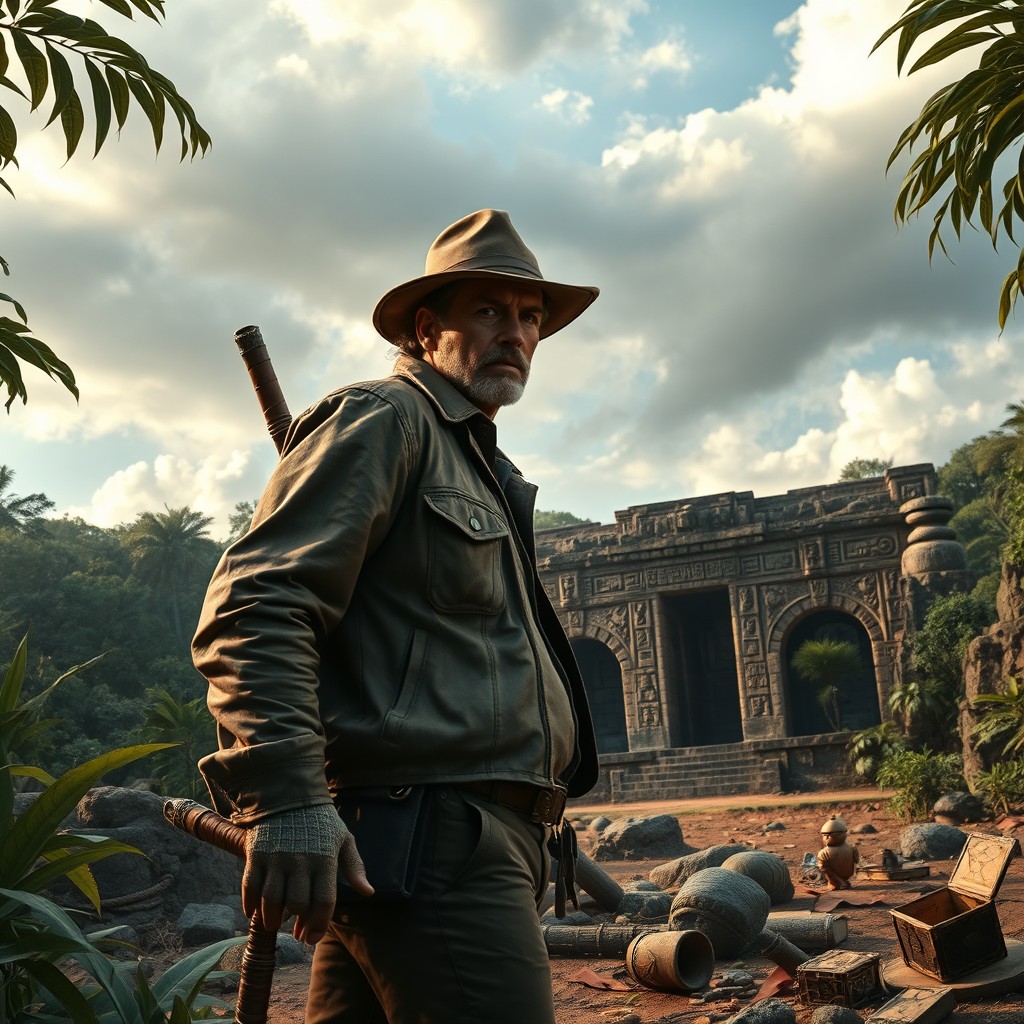 A thrilling adventure scene depicting an archaeologist in a rugged landscape, reminiscent of classic adventure films