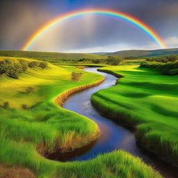 A stunning natural landscape in the afternoon light featuring lush, green grass, a thin, blue winding river, under a vibrant, colorful rainbow