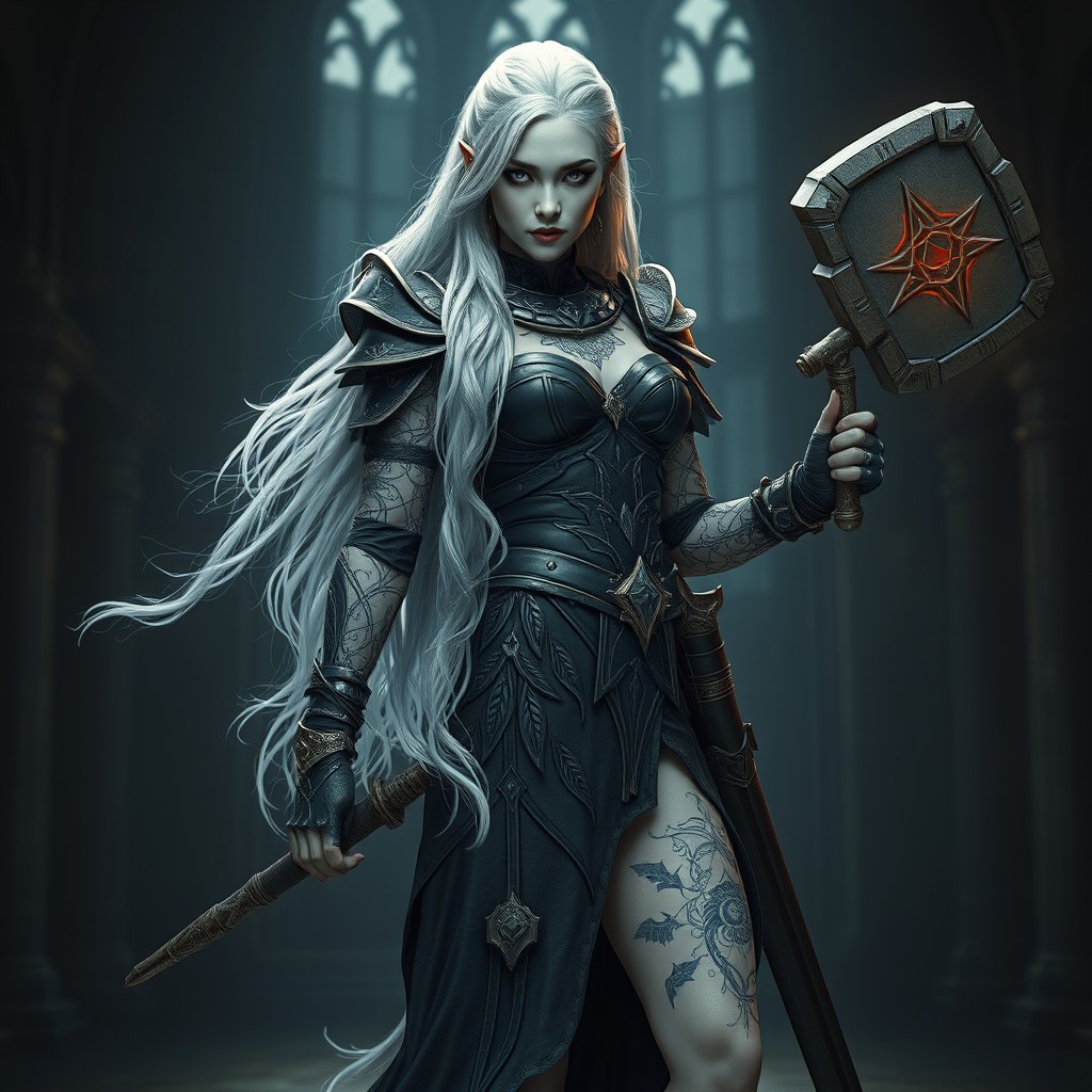 A Shadar-Kai female warrior exuding an otherworldly presence, featuring long white hair that flows elegantly, and pale silver-gray skin radiating a deathly ethereal glow