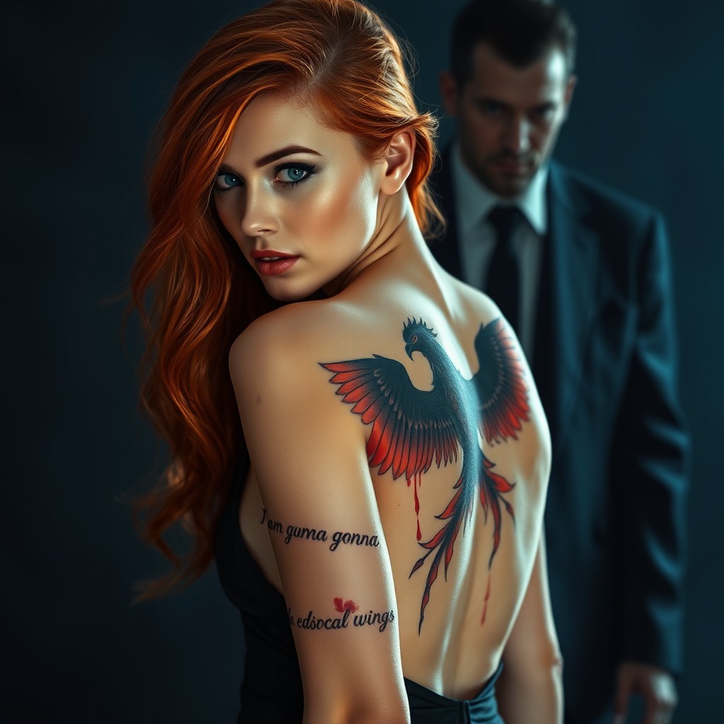 A red-haired woman with piercing blue eyes, glancing over her shoulder, her back turned to the viewer