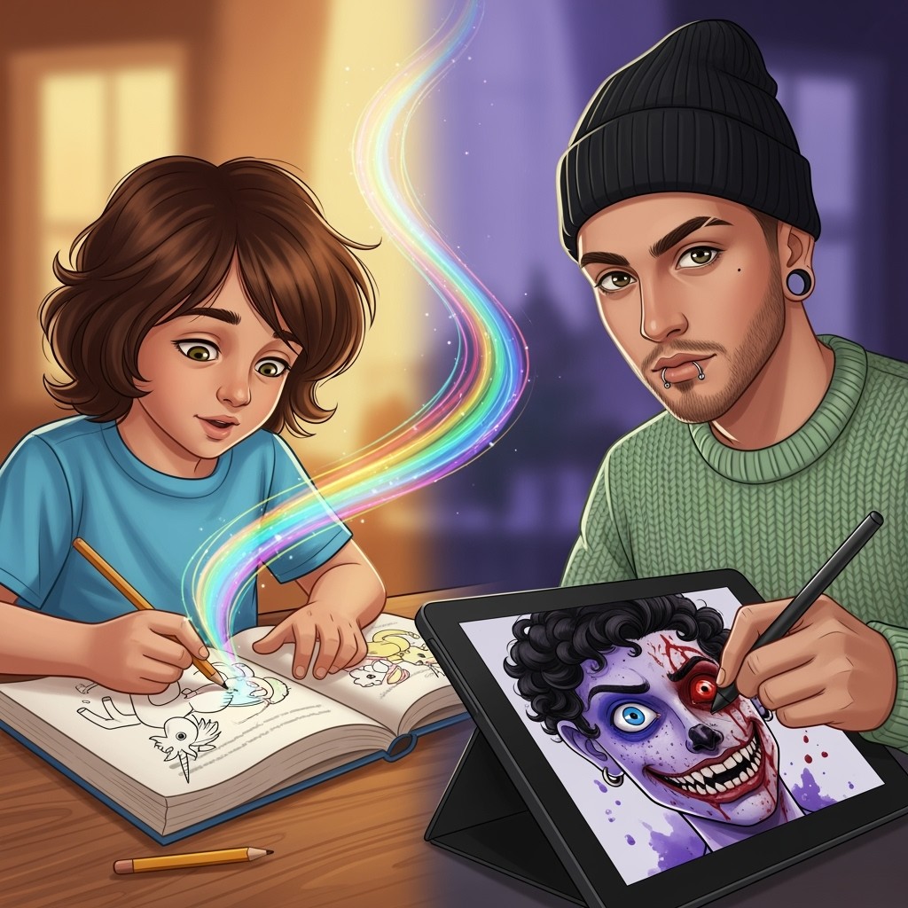 A digital illustration featuring a split background highlighting two contrasting worlds