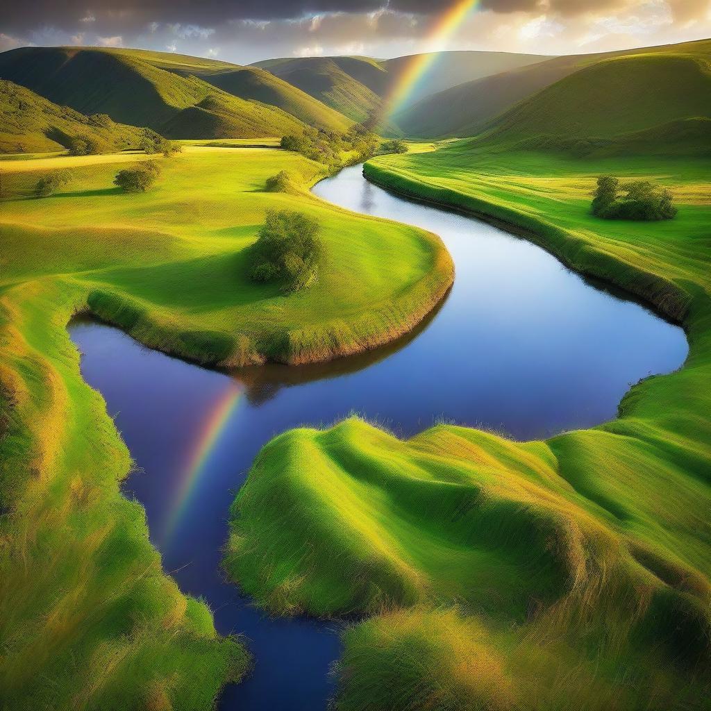 A stunning natural landscape in the afternoon light featuring lush, green grass, a thin, blue winding river, under a vibrant, colorful rainbow