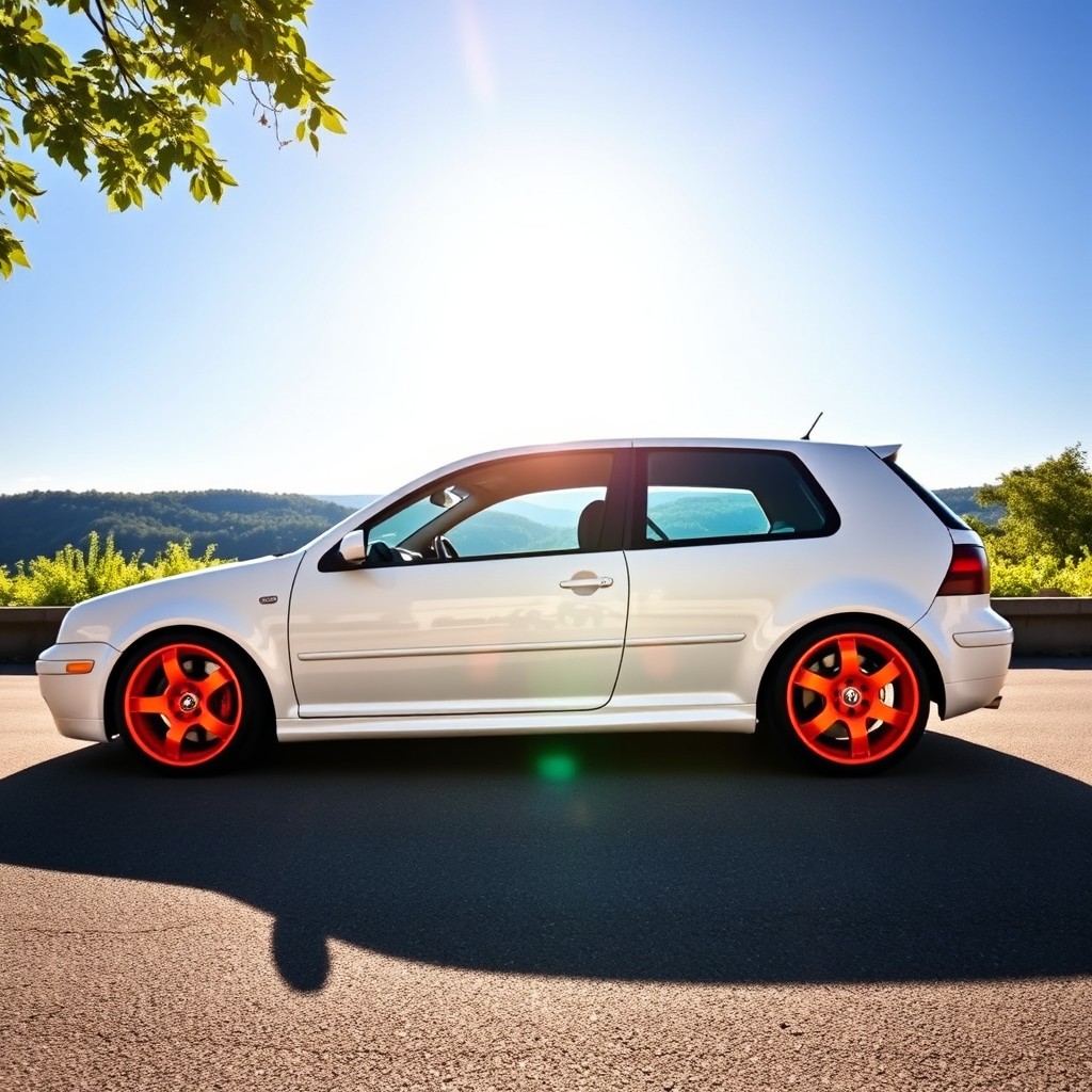 A sleek white Volkswagen Golf MK4 parked elegantly on a scenic road