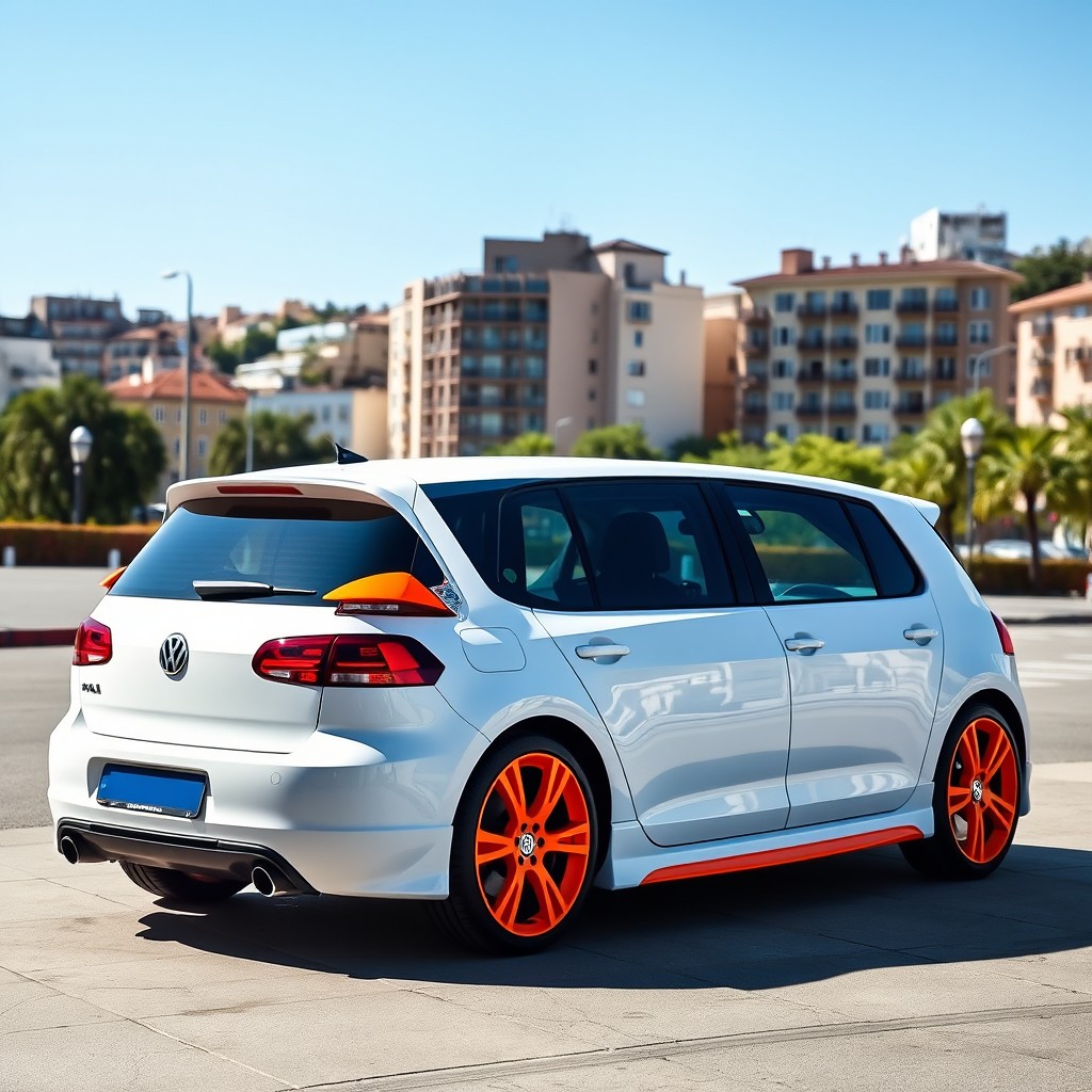 A stylish four-door white Volkswagen Golf MK4, showcasing its sporty design and sleek curves