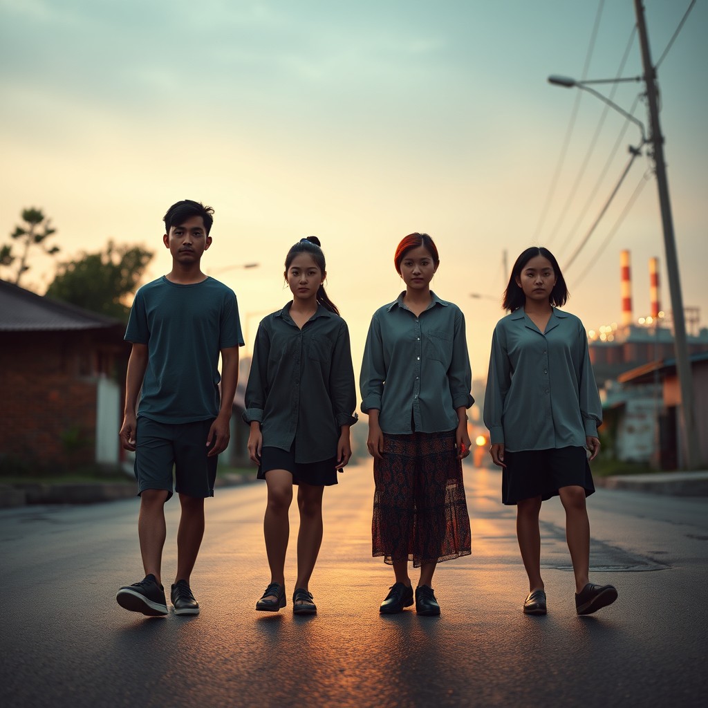 A cinematic poster depicting four young Indonesian characters on a quiet street in Jogja at dawn