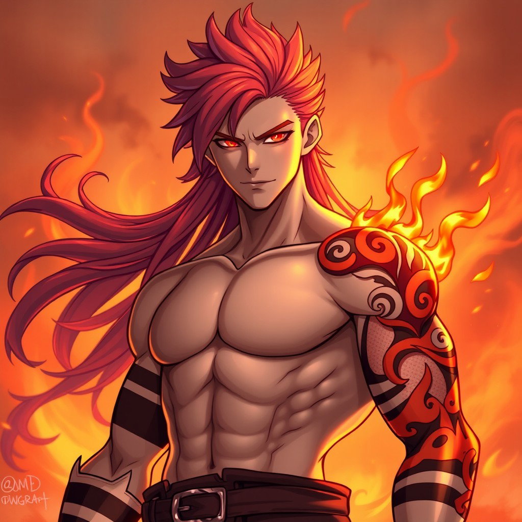 Genadi of Fire, a medium height figure, stands confidently with striking red-scarlet eyes that glow with intensity