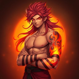 Genadi of Fire, a medium height figure, stands confidently with striking red-scarlet eyes that glow with intensity