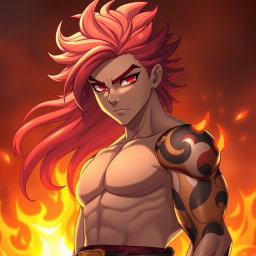 Genadi of Fire, a medium height figure, stands confidently with striking red-scarlet eyes that glow with intensity