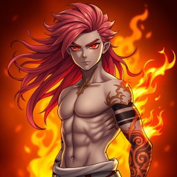 Genadi of Fire, a medium height figure, stands confidently with striking red-scarlet eyes that glow with intensity