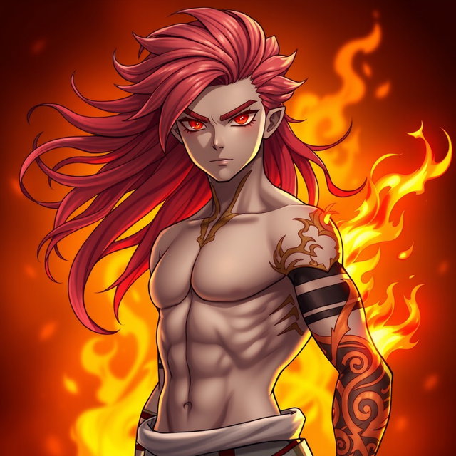 Genadi of Fire, a medium height figure, stands confidently with striking red-scarlet eyes that glow with intensity