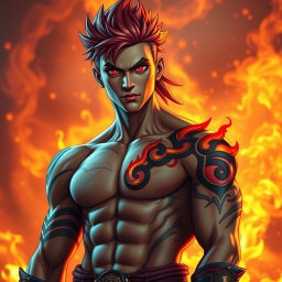 Genadi of Fire, a medium height figure, stands with an air of intensity