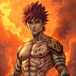 Genadi of Fire, a medium height figure, stands with an air of intensity
