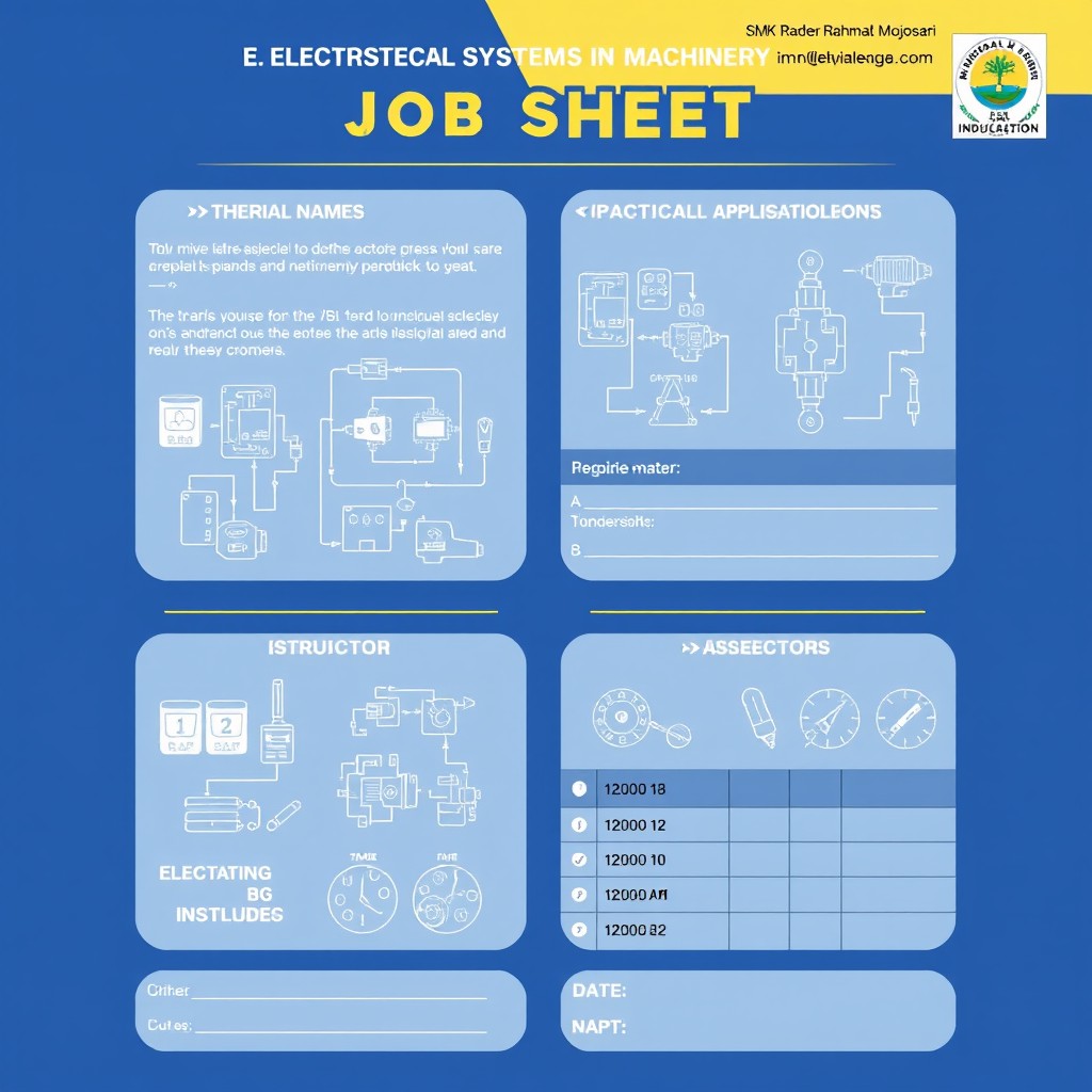A visually engaging job sheet for an electrical systems course in an industrial machinery class, titled 'Job Sheet: Electrical Systems in Industrial Machinery, Class XI, Odd Semester, Phase F, SMK Raden Rahmat Mojosari'