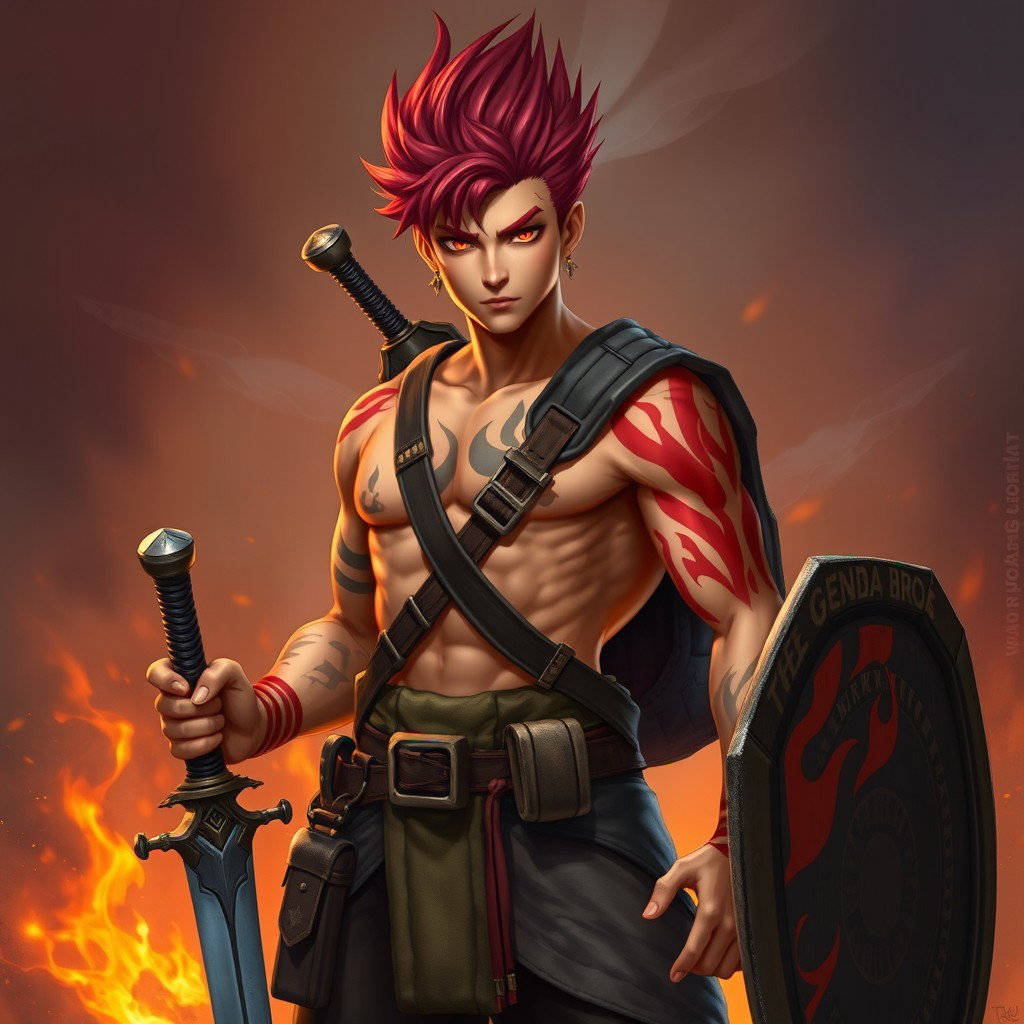 Genadi of Fire, depicted in a full-length portrait, showcases his medium height and commanding presence