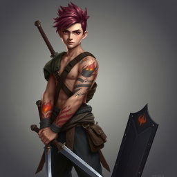 A full-length portrait of Genadi of Fire, a medium height young warrior with red-scarlet eyes and ash-red hair styled up
