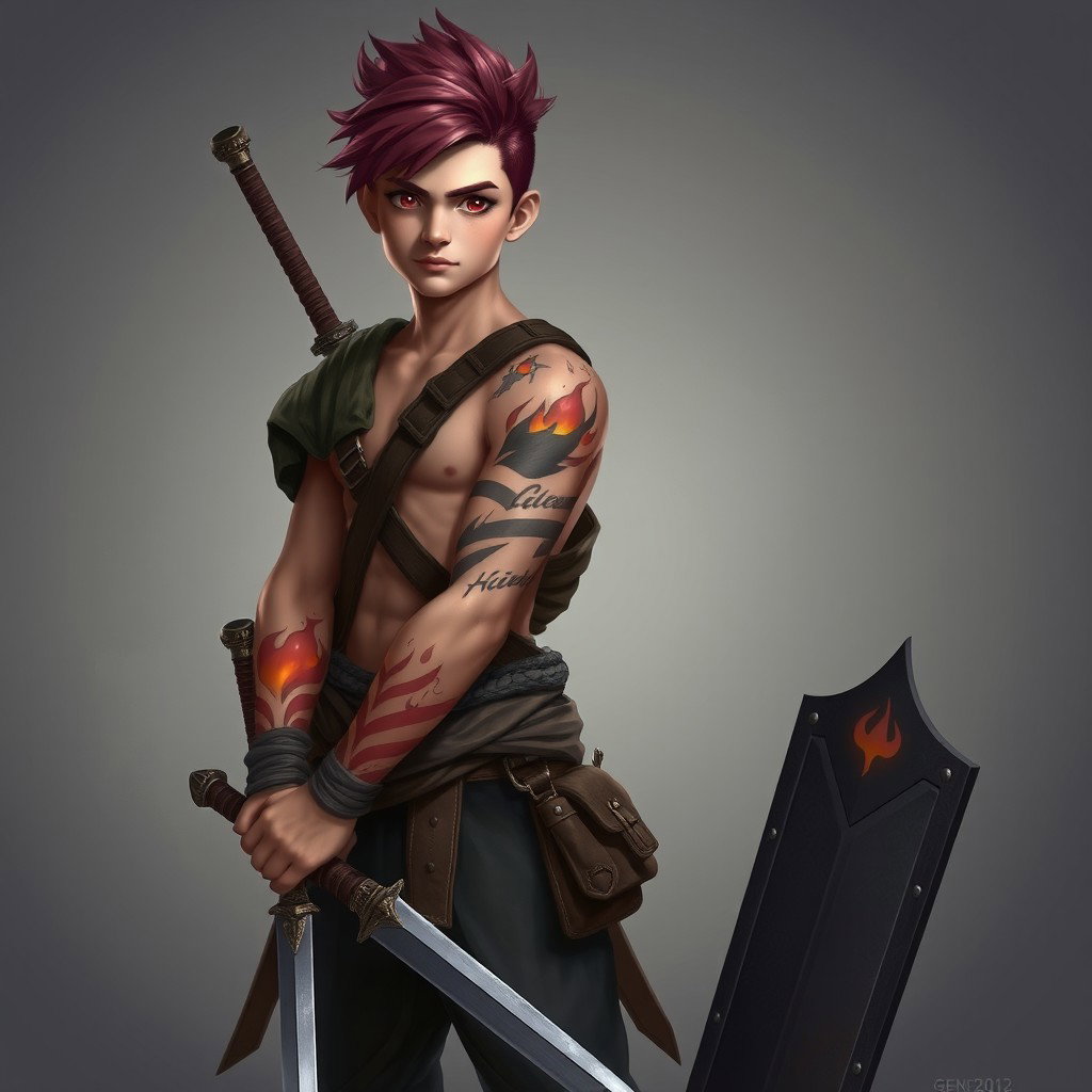 A full-length portrait of Genadi of Fire, a medium height young warrior with red-scarlet eyes and ash-red hair styled up