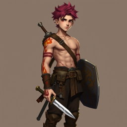 A full-length portrait of Genadi of Fire, a medium height young warrior with red-scarlet eyes and ash-red hair styled up