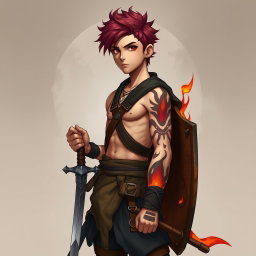 A full-length portrait of Genadi of Fire, a medium height young warrior with red-scarlet eyes and ash-red hair styled up