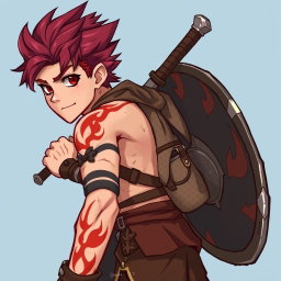 A full-length portrait of Genadi of Fire, a medium height young warrior with red-scarlet eyes and ash-red hair styled up