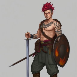 A full-length portrait of Genadi of Fire, a medium height warrior around 30 years old with striking red-scarlet eyes and ash-red hair styled upwards