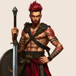 A full-length portrait of Genadi of Fire, a medium height warrior around 30 years old with striking red-scarlet eyes and ash-red hair styled upwards