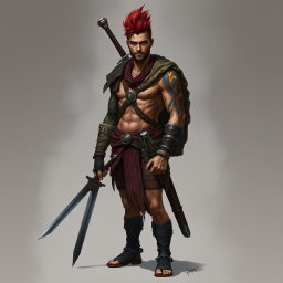 A full-length portrait of Genadi of Fire, a medium height warrior around 30 years old with striking red-scarlet eyes and ash-red hair styled upwards