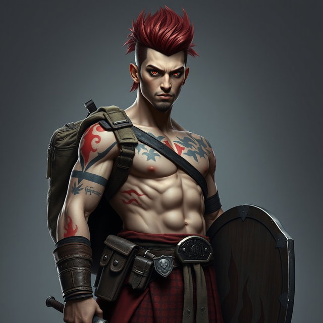 A full-length portrait of Genadi of Fire, a medium height warrior around 30 years old with striking red-scarlet eyes and ash-red hair styled upwards