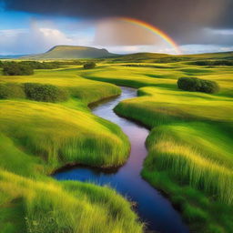 A stunning natural landscape in the afternoon light featuring lush, green grass, a thin, blue winding river, under a vibrant, colorful rainbow