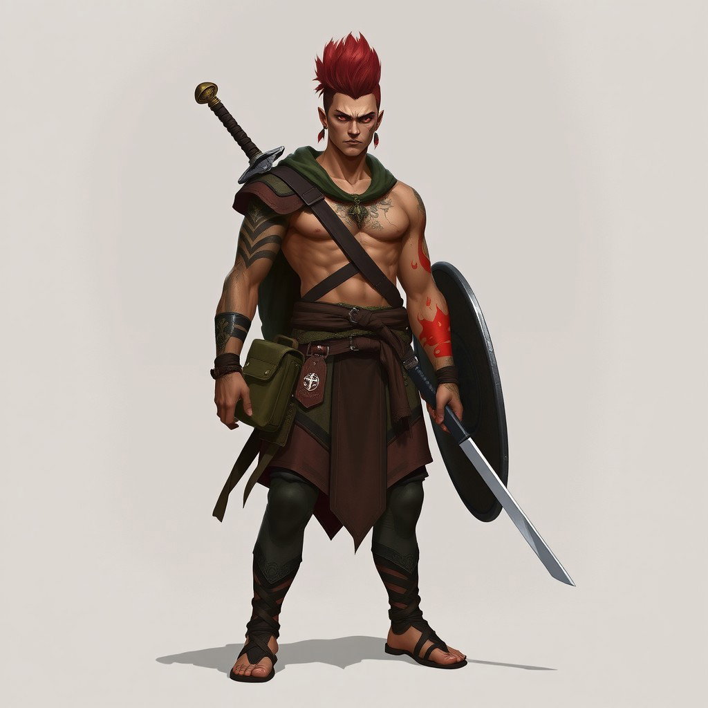 A full-length portrait of Genadi of Fire, a medium height warrior around 30 years old with intense red-scarlet eyes and ash-red hair styled upwards