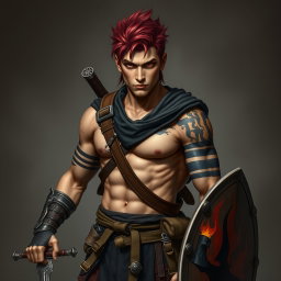 A full-length portrait of Genadi of Fire, a medium height warrior around 30 years old with intense red-scarlet eyes and ash-red hair styled upwards