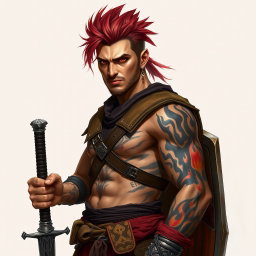 A full-length portrait of Genadi of Fire, a medium height warrior around 30 years old with intense red-scarlet eyes and ash-red hair styled upwards