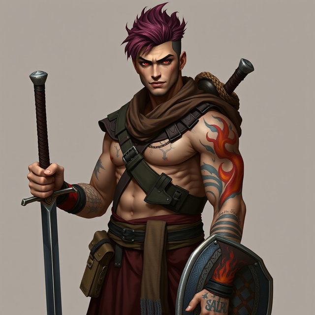 A full-length portrait of Genadi of Fire, a medium height warrior around 30 years old with intense red-scarlet eyes and ash-red hair styled upwards