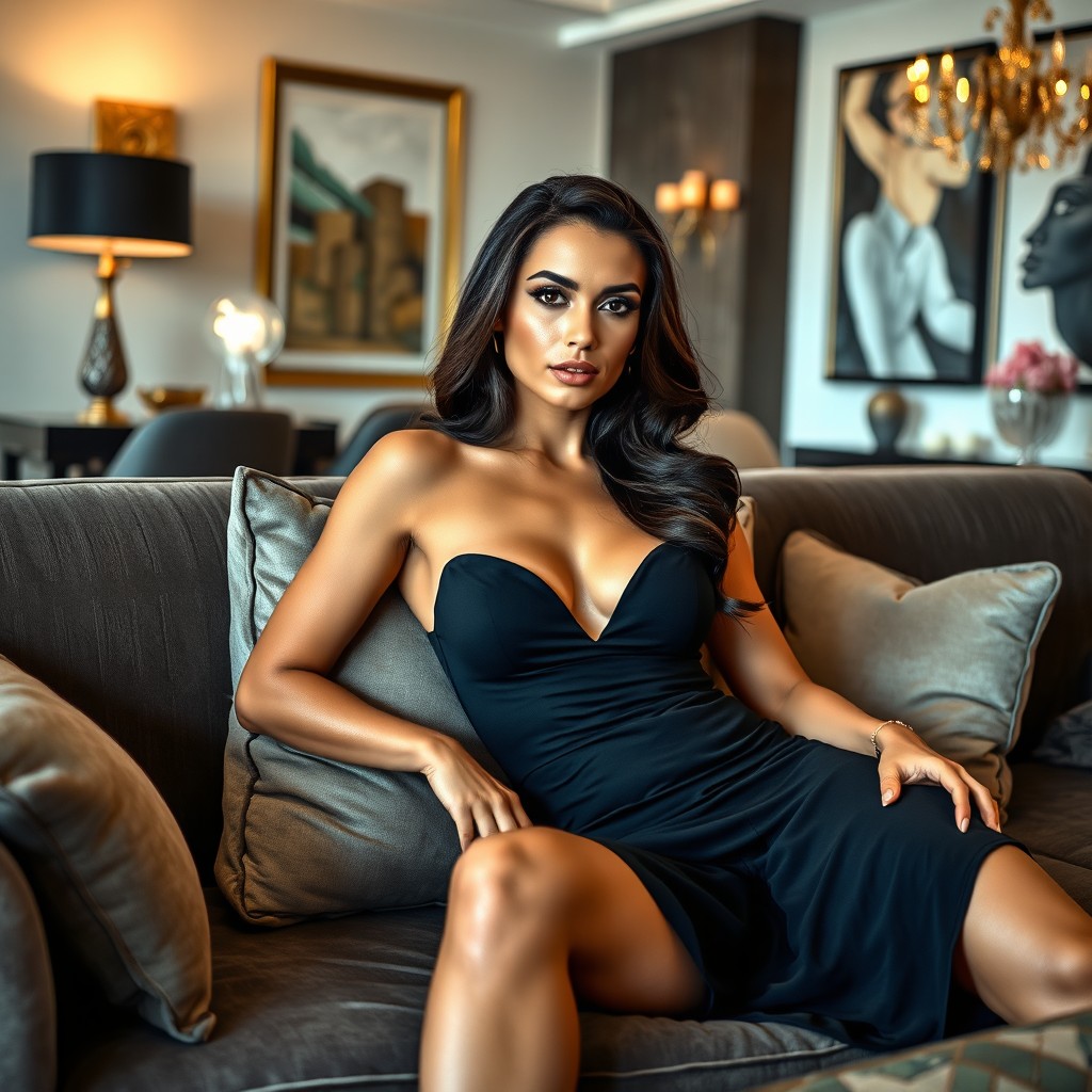 A strikingly beautiful, confident woman lounging on a stylish sofa wearing a sleek black dress that accentuates her curves, her hair elegantly styled, with bold makeup highlighting her features