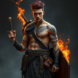 A full-length portrait of Genadi of Fire, a medium height man around 30 years old