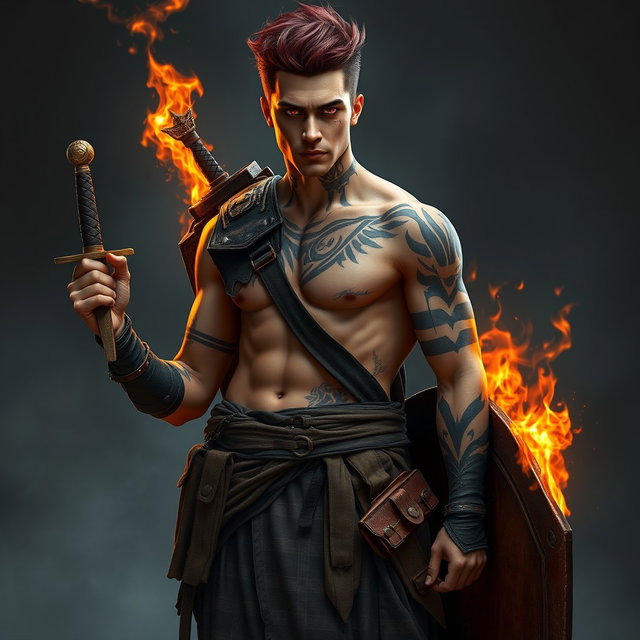 A full-length portrait of Genadi of Fire, a medium height man around 30 years old