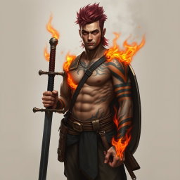 A full-length portrait of Genadi of Fire, a medium height man around 30 years old