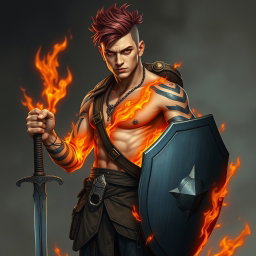 A full-length portrait of Genadi of Fire, a medium height man around 30 years old