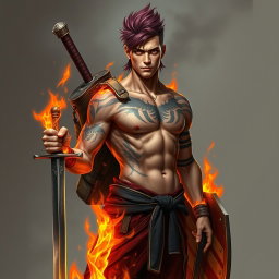 A full-length portrait of Genadi of Fire, a medium height man around 30 years old