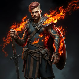 A full-length portrait of Genadi of Fire, a medium height human man around 30 years old