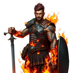 A full-length portrait of Genadi of Fire, a medium height human man around 30 years old