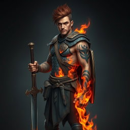 A full-length portrait of Genadi of Fire, a medium height human man around 30 years old