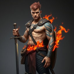 A full-length portrait of Genadi of Fire, a medium height human man around 30 years old