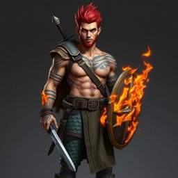 A full-length portrait of Genadi of Fire, a medium height human man around 30 years old
