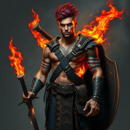 A full-length portrait of Genadi of Fire, a medium height human man around 30 years old