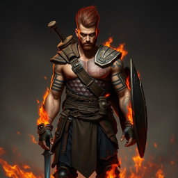 A full-length portrait of Genadi of Fire, a medium height human man around 30 years old