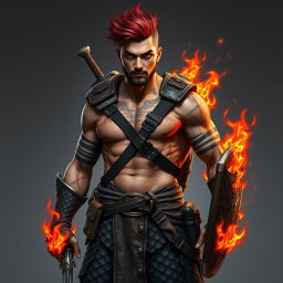 A full-length portrait of Genadi of Fire, a medium height human man around 30 years old