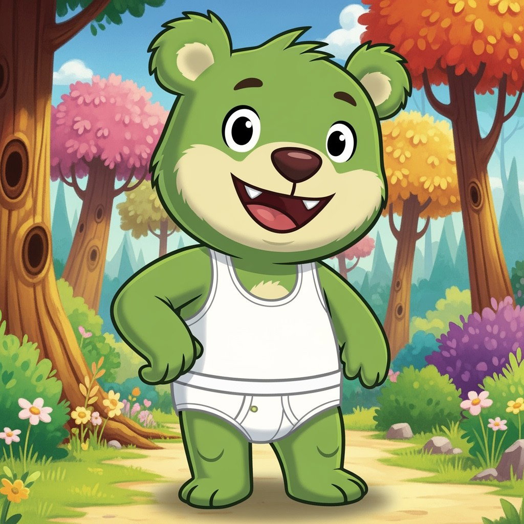 Flippy from Happy Tree Friends, depicted as a cheerful green bear with military-themed features, wearing a snug white tank top and white underwear