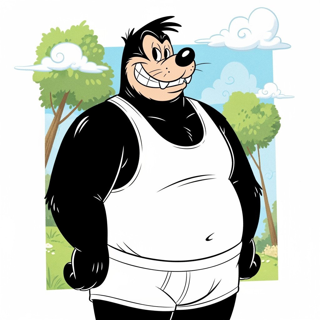 A stylized image of Pete from Disney, depicted as a large anthropomorphic character with a cheeky and mischievous expression, wearing a snug white tank top and matching white underwear