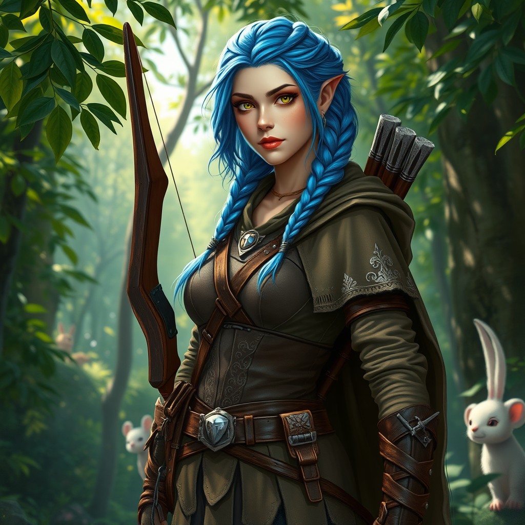 A fantasy female ranger with vibrant blue hair styled in intricate braids, wearing a rugged outfit suitable for wilderness adventures