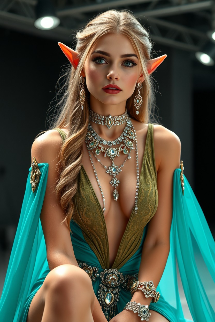 A stunning elf woman wearing a luxurious turquoise dress with a deep neckline that elegantly showcases her beautiful slender legs